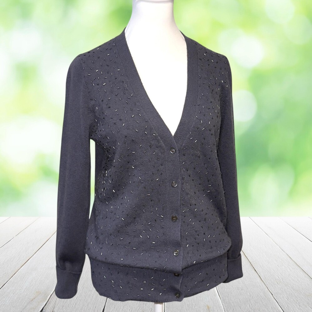J CREW Cardigan Sweater Wool Cashmere Hand Beaded Confetti V Neck Gray Womens S